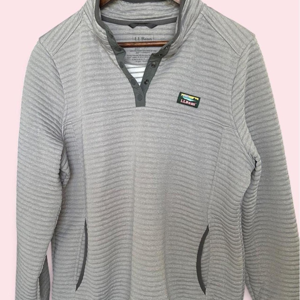LL Bean Grey Quilted Snap Neck Pullover Sweater Sweatshirt Misses XL Reg